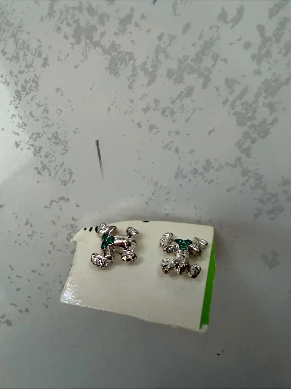 Silver Frog Stud Earrings with Green Gem Details - Kids Accessories